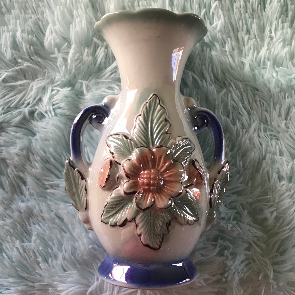 Painted and handmade Brazilian vase with blue floral print 9" tall 5 1/2" wide